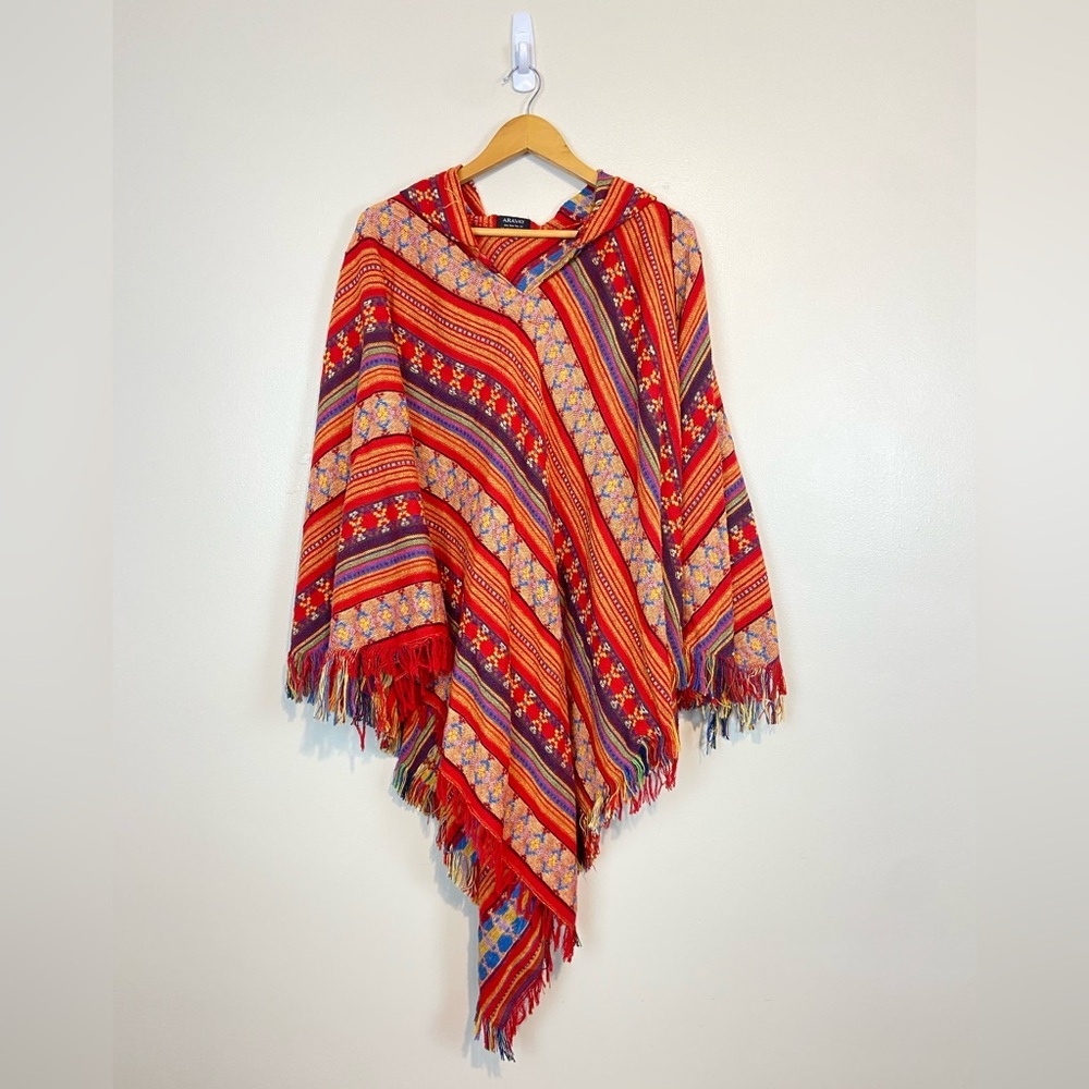 Southwestern Hooded Poncho Boho Festival Fringe Serape Baja Hoodie OS